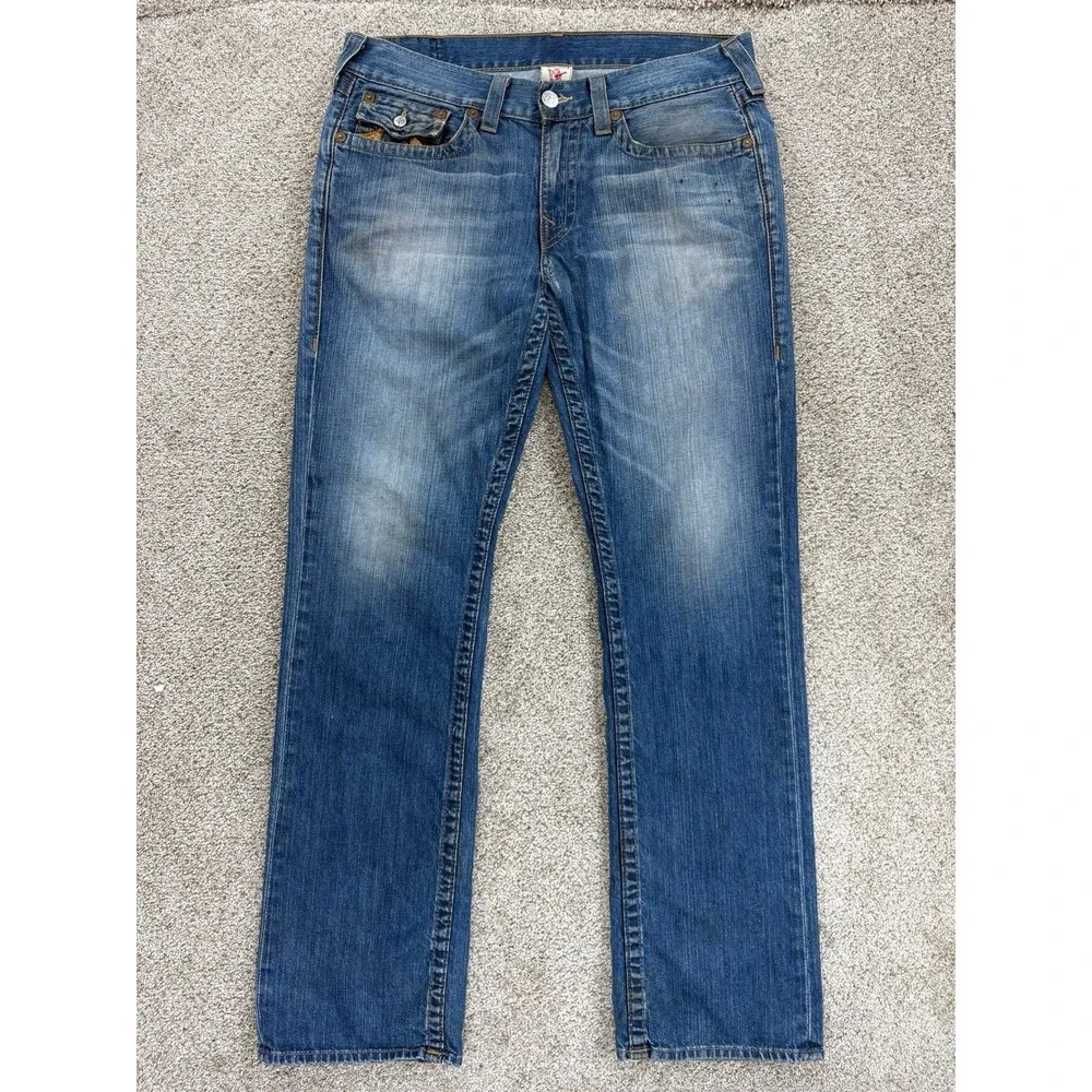VTG True Religion Straight Jean Mens 34 (36x32) Blue Distressed Workwear USA Y2K